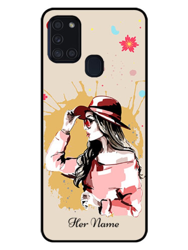 Custom Galaxy A21s Photo Printing on Glass Case - Women with pink hat Design