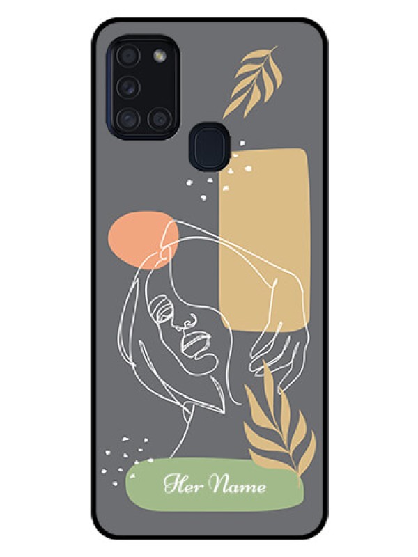 Custom Galaxy A21s Custom Glass Phone Case - Gazing Woman line art Design