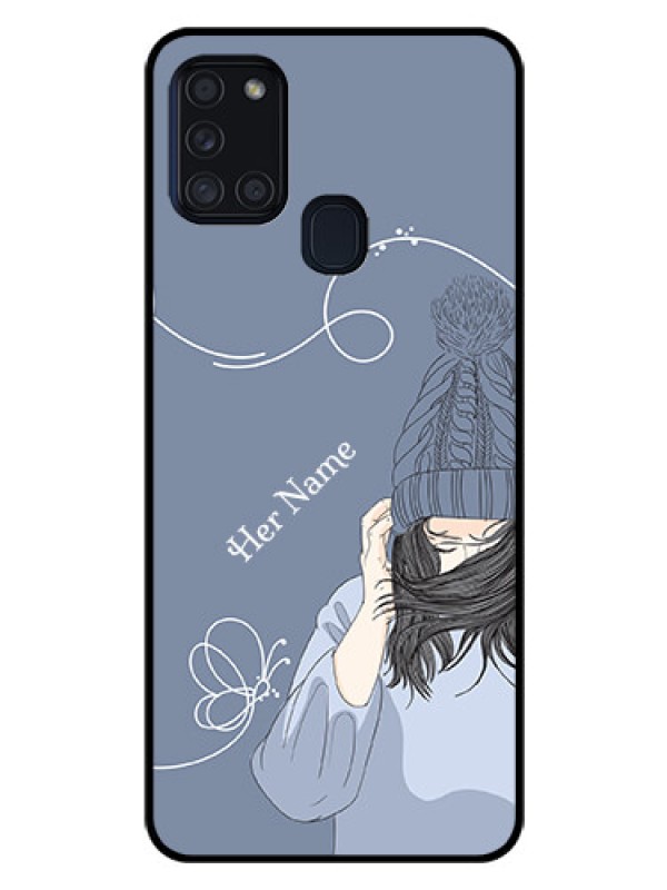 Custom Galaxy A21s Custom Glass Mobile Case - Girl in winter outfit Design