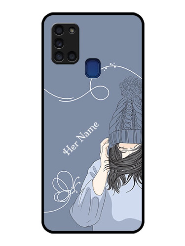 Custom Galaxy A21s Custom Glass Mobile Case - Girl in winter outfit Design