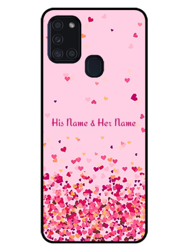 Custom Galaxy A21s Photo Printing on Glass Case - Floating Hearts Design