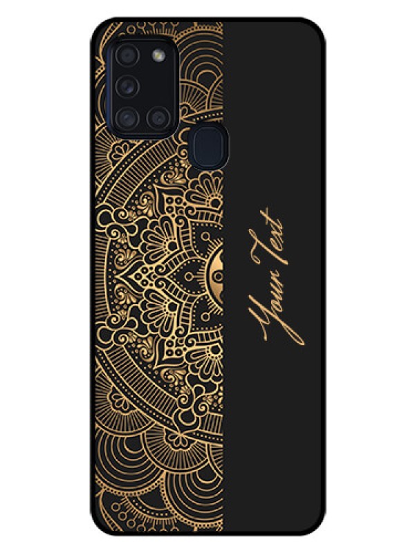 Custom Galaxy A21s Photo Printing on Glass Case - Mandala art with custom text Design