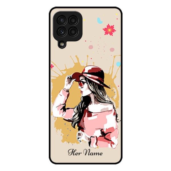 Galaxy A22 4G Photo Printing on Glass Case - Women with pink hat Design Galaxy A22 4G Photo Printing on Glass Case - Women with pink hat Design