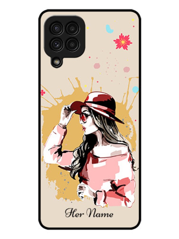 Custom Galaxy A22 4G Photo Printing on Glass Case - Women with pink hat Design