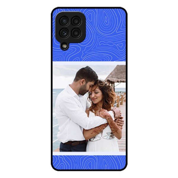 Galaxy A22 4G Custom Glass Mobile Case - Curved line art with blue and white Design Galaxy A22 4G Custom Glass Mobile Case - Curved line art with blue and white Design