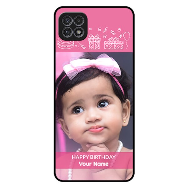 Galaxy A22 5G Photo Printing on Glass Case - with Birthday Line Art Design Galaxy A22 5G Photo Printing on Glass Case - with Birthday Line Art Design