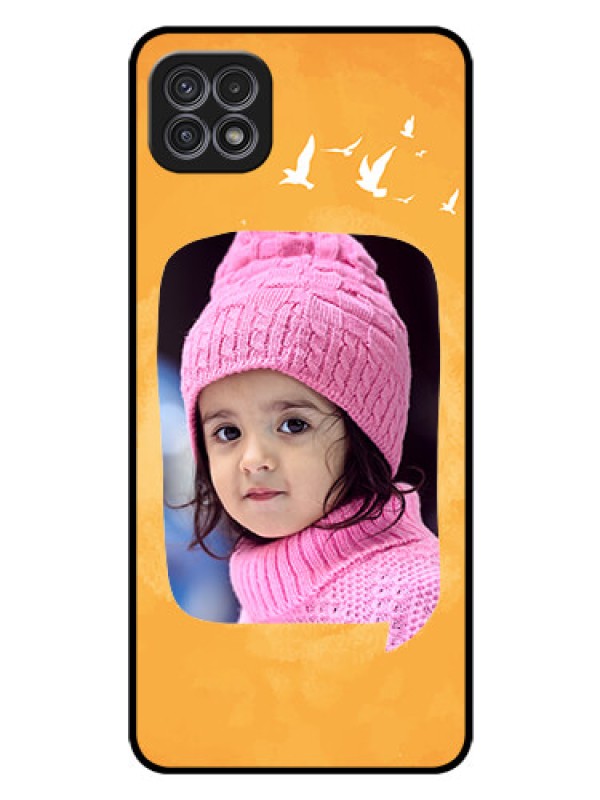 Custom Galaxy A22 5G Personalized Glass Phone Case - Water Color Design with Bird Icons