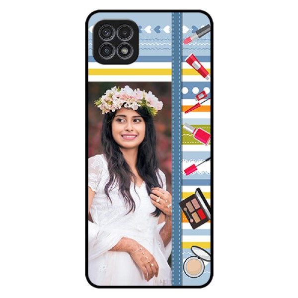 Galaxy A22 5G Personalized Glass Phone Case - Makeup Icons Design