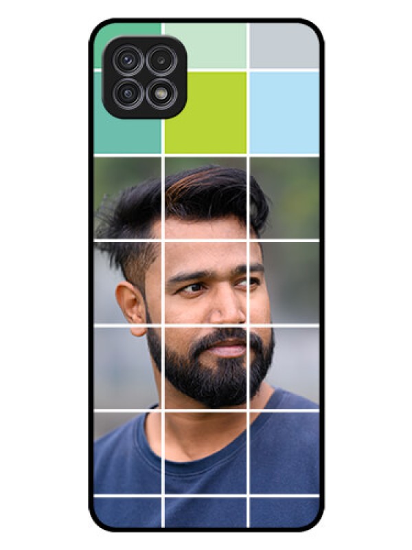 Custom Galaxy A22 5G Photo Printing on Glass Case - with white box pattern 