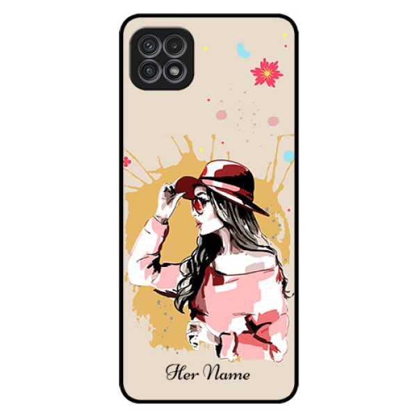 Galaxy A22 5G Photo Printing on Glass Case - Women with pink hat Design Galaxy A22 5G Photo Printing on Glass Case - Women with pink hat Design