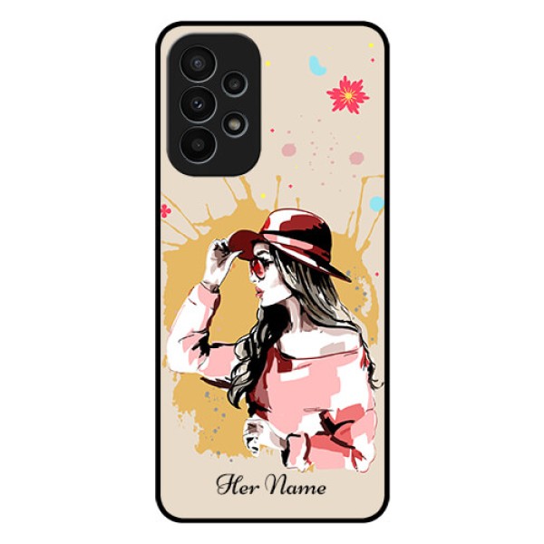 Galaxy A23 4G Photo Printing on Glass Case - Women with pink hat Design Galaxy A23 4G Photo Printing on Glass Case - Women with pink hat Design