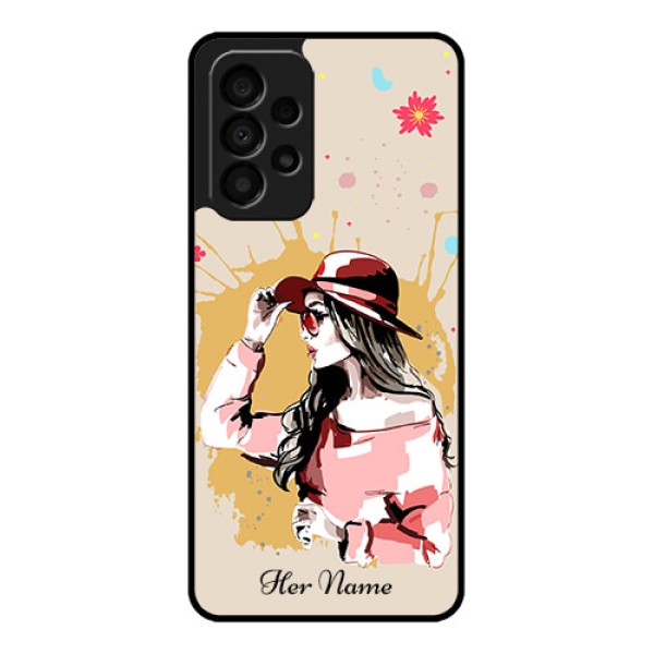 Galaxy A33 5G Photo Printing on Glass Case - Women with pink hat Design Galaxy A33 5G Photo Printing on Glass Case - Women with pink hat Design