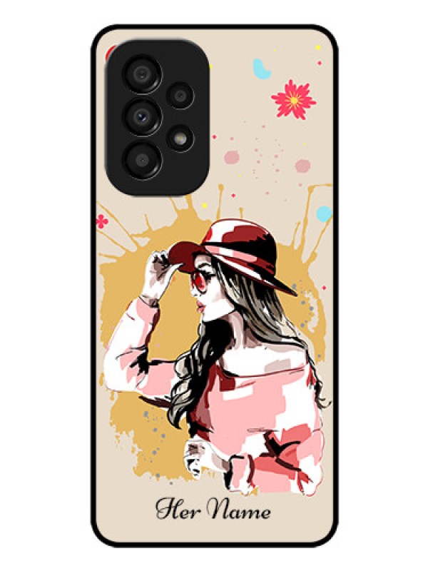 Custom Galaxy A33 5G Photo Printing on Glass Case - Women with pink hat Design