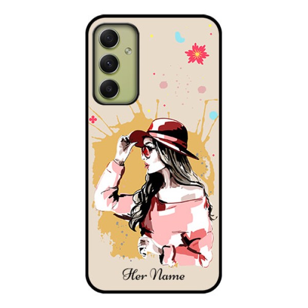 Galaxy A34 5G Photo Printing on Glass Case - Women with pink hat Design Galaxy A34 5G Photo Printing on Glass Case - Women with pink hat Design