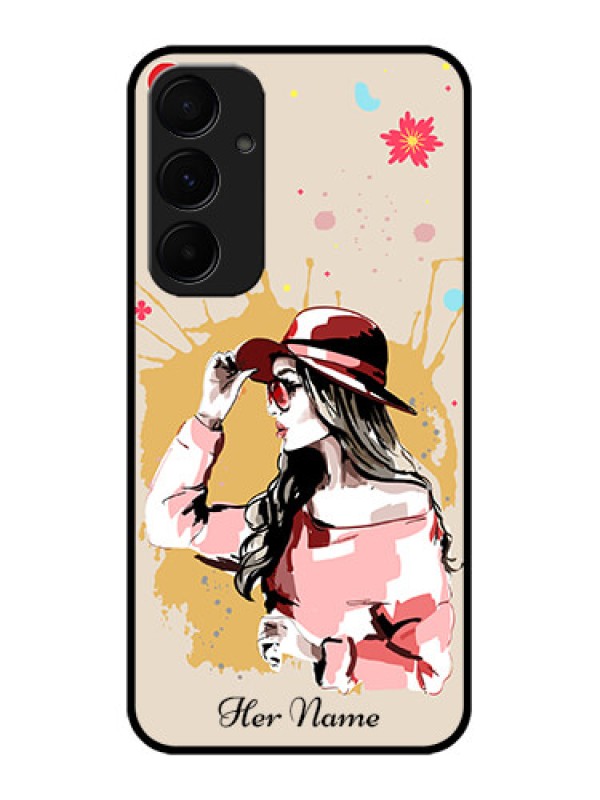 Custom Samsung Galaxy A35 5G Custom Glass Phone Case - Women With Pink Hat Design