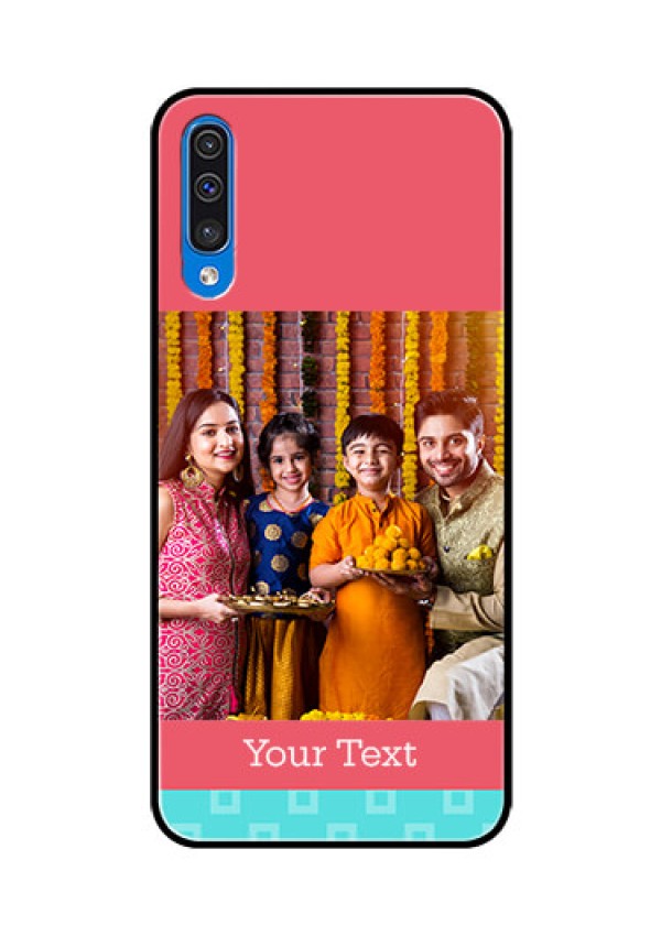 Samsung Galaxy A50 Personalized Glass Phone Case  - Peach & Blue Color Design