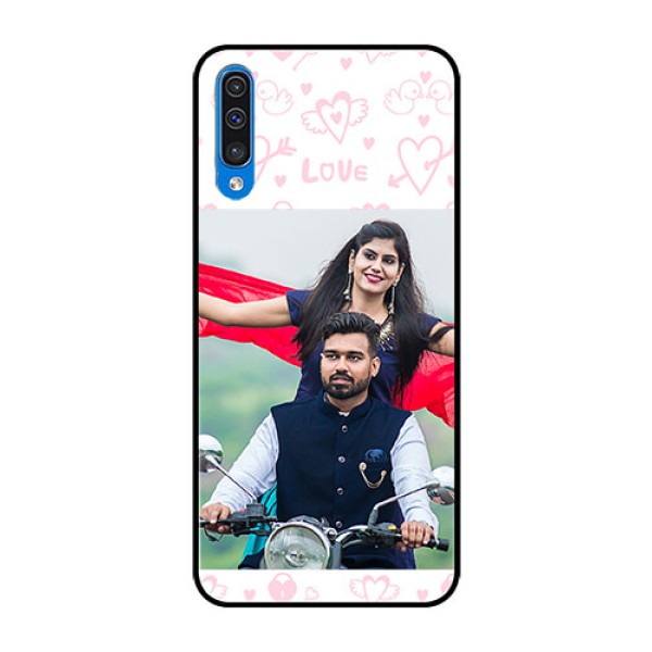 Samsung Galaxy A50 Custom Glass Mobile Case - Pink Flying Heart Design Samsung Galaxy A50 Custom Glass Mobile Case - Pink Flying Heart Design