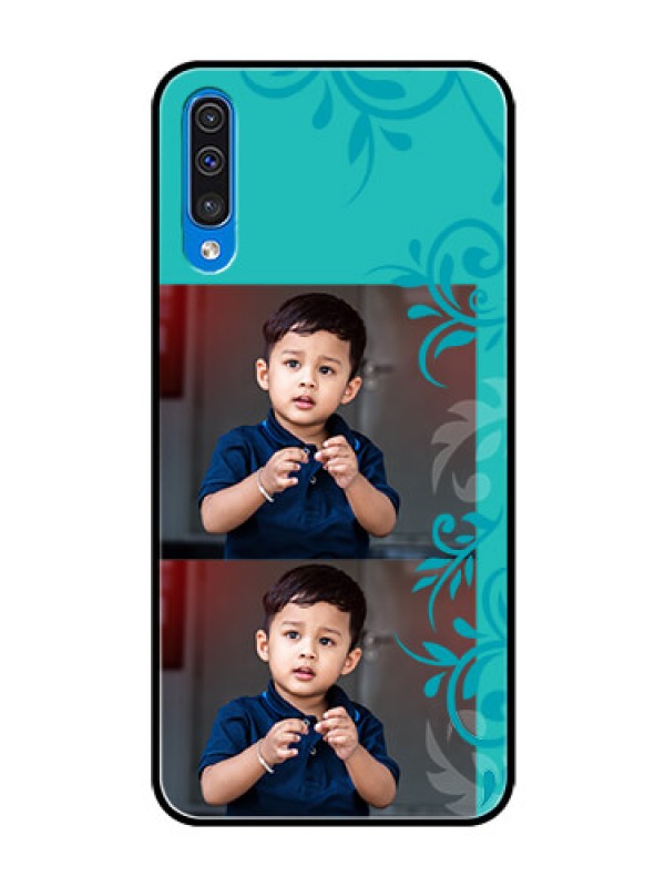 Custom Samsung Galaxy A50 Personalized Glass Phone Case  - with Photo and Green Floral Design 