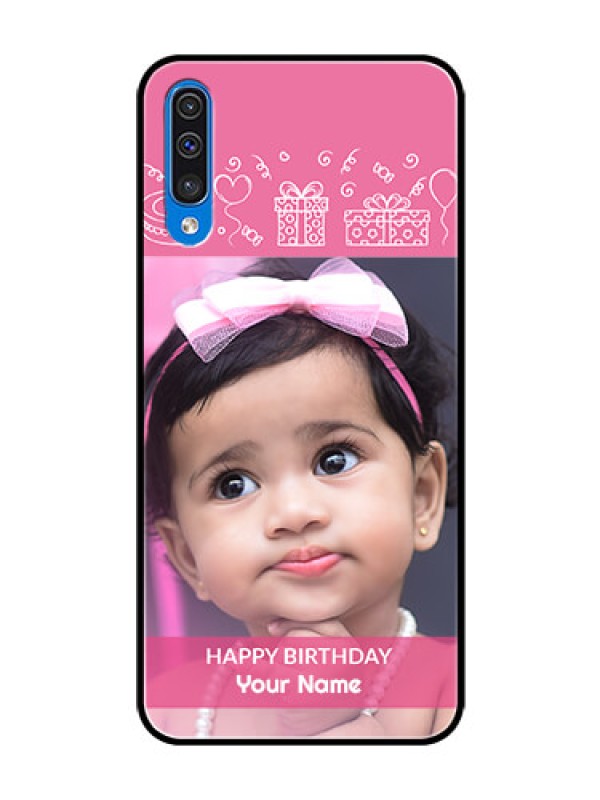 Custom Samsung Galaxy A50 Photo Printing on Glass Case  - with Birthday Line Art Design
