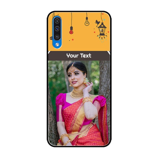 Samsung Galaxy A50 Custom Glass Mobile Case - with Family Picture and Icons Samsung Galaxy A50 Custom Glass Mobile Case - with Family Picture and Icons