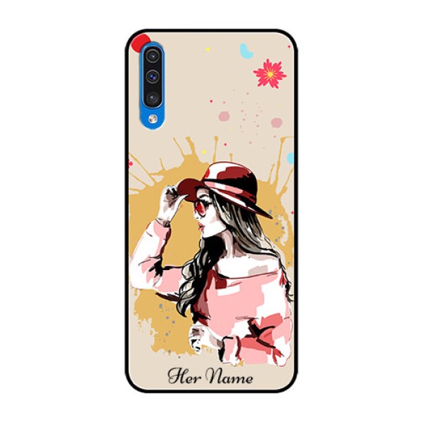 Galaxy A50 Photo Printing on Glass Case - Women with pink hat Design Galaxy A50 Photo Printing on Glass Case - Women with pink hat Design