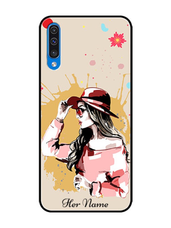 Custom Galaxy A50 Photo Printing on Glass Case - Women with pink hat Design