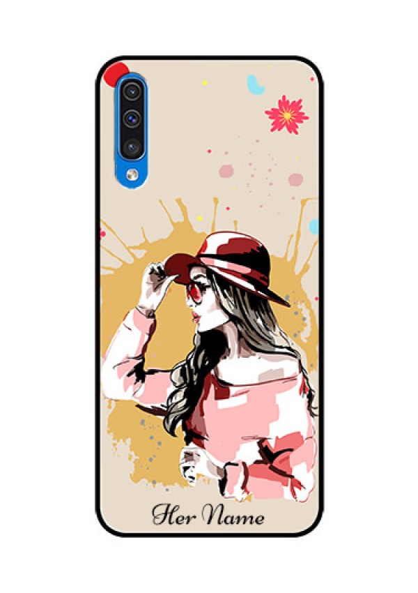 Galaxy A50 Photo Printing on Glass Case - Women with pink hat Design