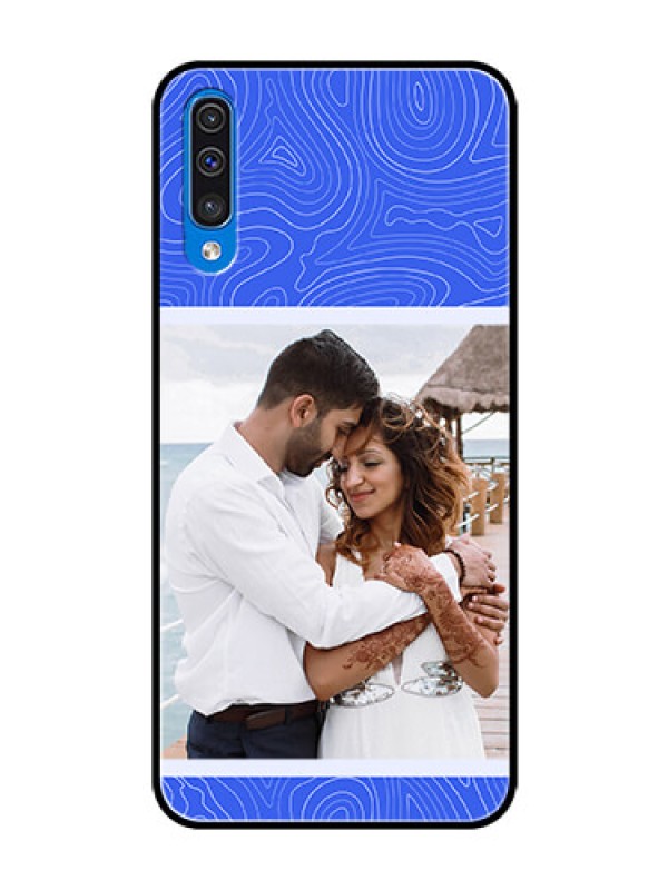 Custom Galaxy A50 Custom Glass Mobile Case - Curved line art with blue and white Design