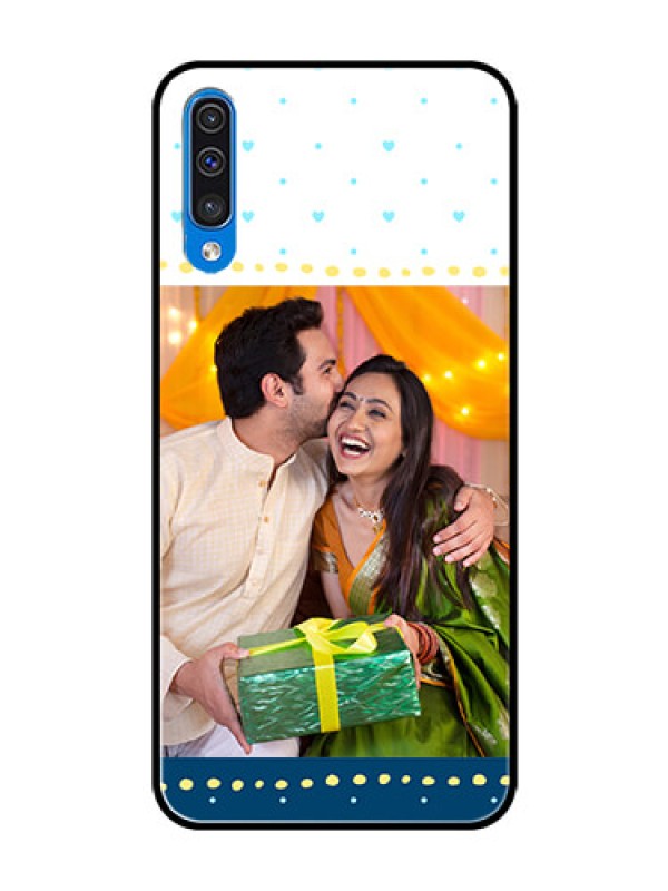 Custom Samsung Galaxy A50s Personalized Glass Phone Case  - White and Blue Abstract Design