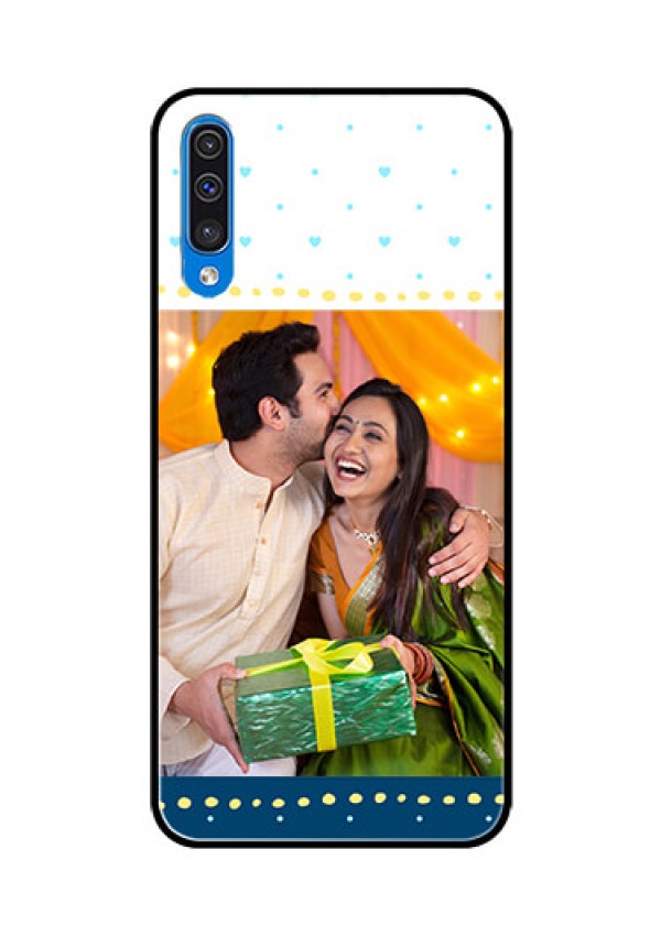 Samsung Galaxy A50s Personalized Glass Phone Case  - White and Blue Abstract Design