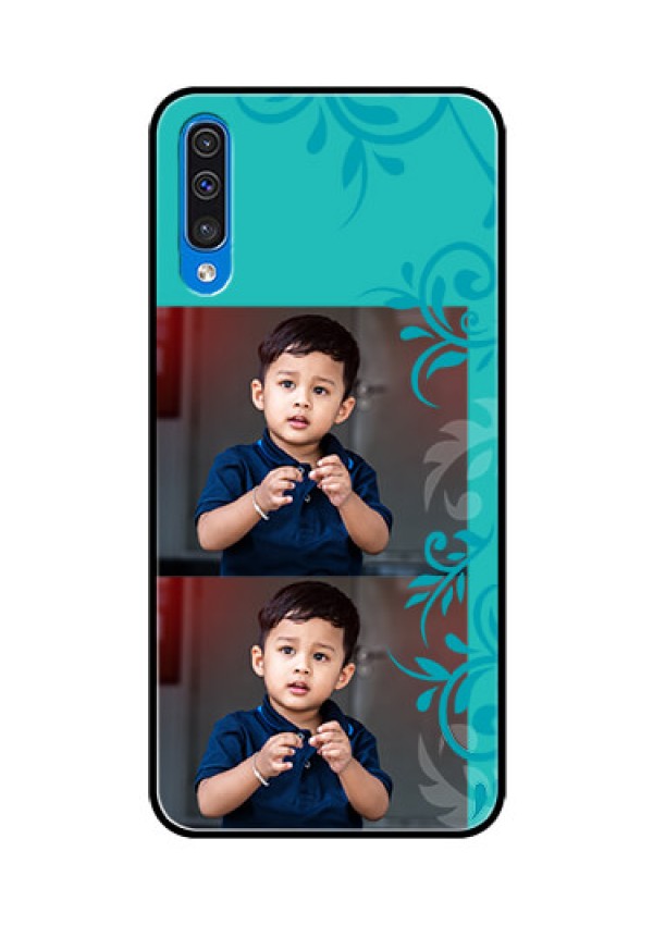 Samsung Galaxy A50s Personalized Glass Phone Case  - with Photo and Green Floral Design 