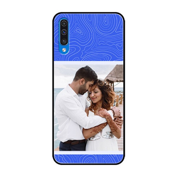 Galaxy A50s Custom Glass Mobile Case - Curved line art with blue and white Design Galaxy A50s Custom Glass Mobile Case - Curved line art with blue and white Design
