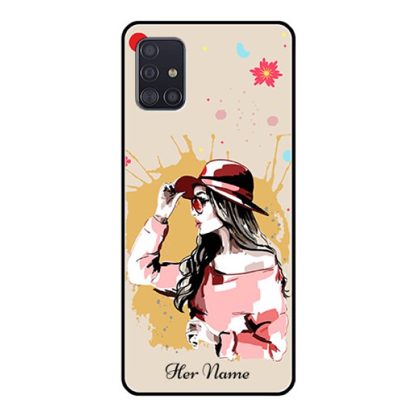 Galaxy A51 Photo Printing on Glass Case - Women with pink hat Design Galaxy A51 Photo Printing on Glass Case - Women with pink hat Design