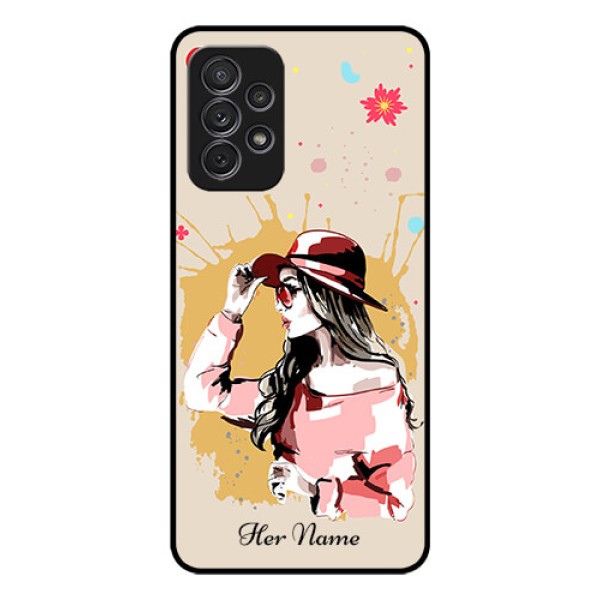 Galaxy A52S 5G Photo Printing on Glass Case - Women with pink hat Design Galaxy A52S 5G Photo Printing on Glass Case - Women with pink hat Design