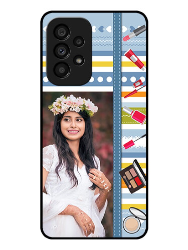 Custom Galaxy A53 5G Personalized Glass Phone Case - Makeup Icons Design