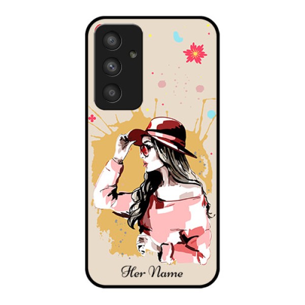Galaxy A54 5G Photo Printing on Glass Case - Women with pink hat Design Galaxy A54 5G Photo Printing on Glass Case - Women with pink hat Design