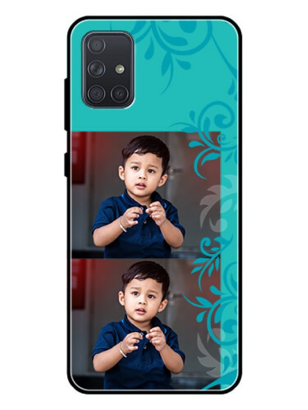 Custom Galaxy A71 Personalized Glass Phone Case  - with Photo and Green Floral Design 