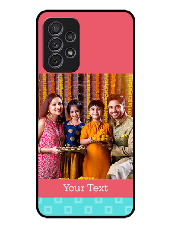 Custom Galaxy A72 Personalized Glass Phone Case - Peach & Blue Color Design