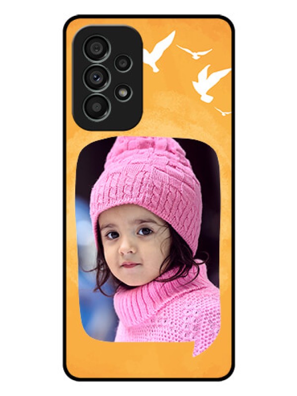 Custom Galaxy A73 5G Personalized Glass Phone Case - Water Color Design with Bird Icons