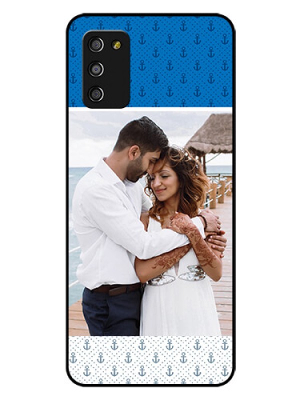 Custom Galaxy F02s Photo Printing on Glass Case  - Blue Anchors Design