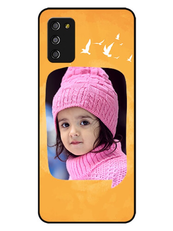 Custom Galaxy F02s Personalized Glass Phone Case  - Water Color Design with Bird Icons