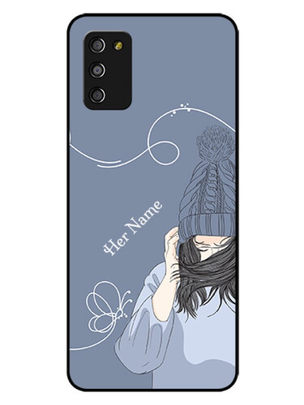 Custom Galaxy F02s Custom Glass Mobile Case - Girl in winter outfit Design