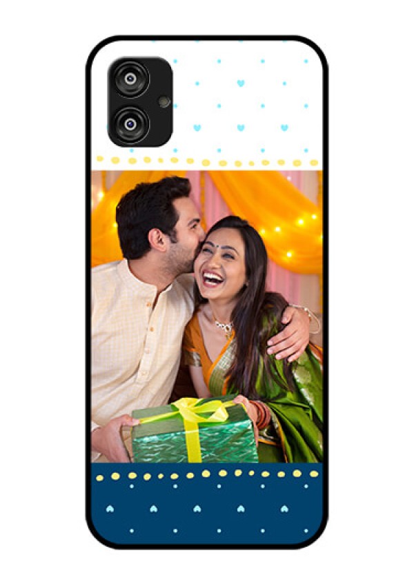 Samsung Galaxy F04 Personalized Glass Phone Case - White and Blue Abstract Design