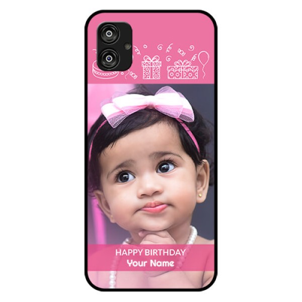 Samsung Galaxy F04 Photo Printing on Glass Case - with Birthday Line Art Design Samsung Galaxy F04 Photo Printing on Glass Case - with Birthday Line Art Design