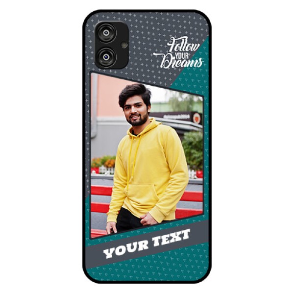 Samsung Galaxy F04 Personalized Glass Phone Case - Background Pattern Design with Quote Samsung Galaxy F04 Personalized Glass Phone Case - Background Pattern Design with Quote