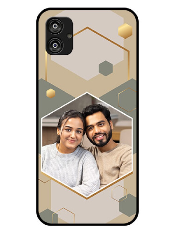 Custom Galaxy F04 Photo Printing on Glass Case - Stylish Hexagon Pattern Design