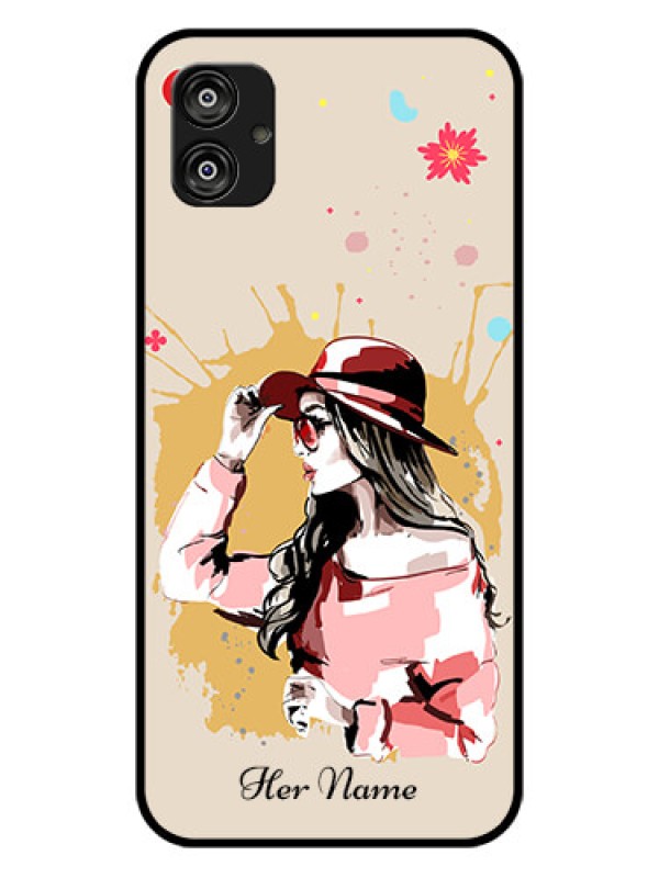 Custom Galaxy F04 Photo Printing on Glass Case - Women with pink hat Design