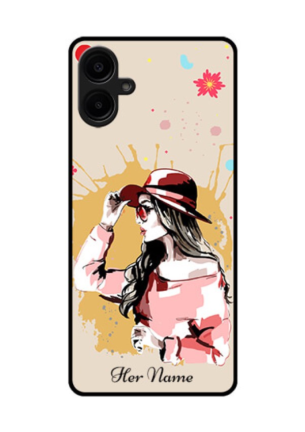 Galaxy F06 Custom Glass Phone Case - Women With Pink Hat Design