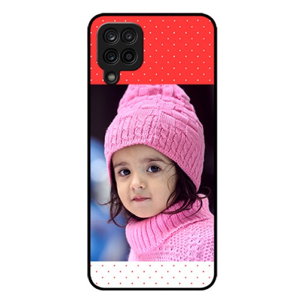 Galaxy F12 Photo Printing on Glass Case - Red Pattern Design