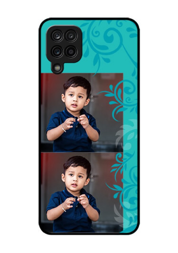 Galaxy F12 Personalized Glass Phone Case - with Photo and Green Floral Design 